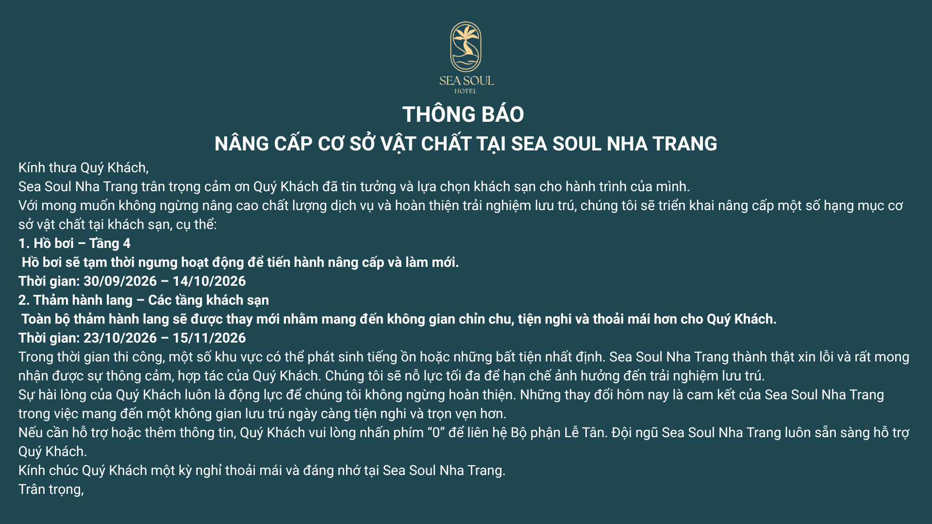 Thông Báo Nâng Cấp Hồ Bơi Và Thảm Khách Sạn