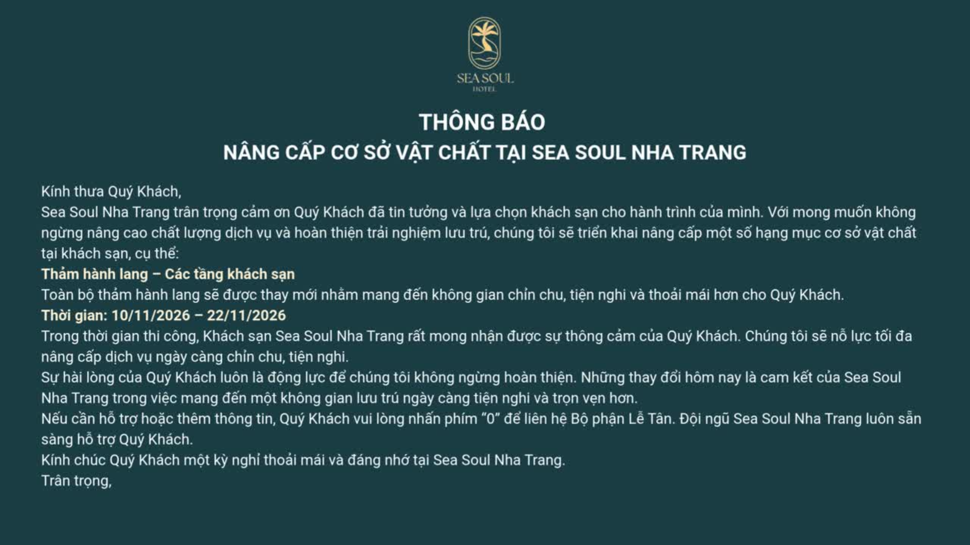 THÔNG BÁO | Nâng cấp cơ sở vật chất tại Sea Soul Nha Trang